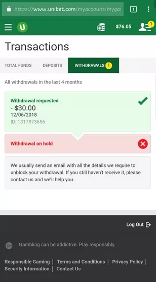 Unibet withdrawal button